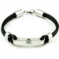 Black and Silver Cremation Jewelry Bracelet With CZ - Stainless and Leather
