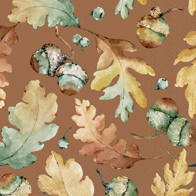 Acorns And Leaves Cocktail Napkin - brown