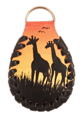 Leather Key Ring, Oval shaped, Medium sized, Orange coloured,  with Giraffe pattern - CAKR1305 (TAK21), H (  in ); W (  in ); L (  in )