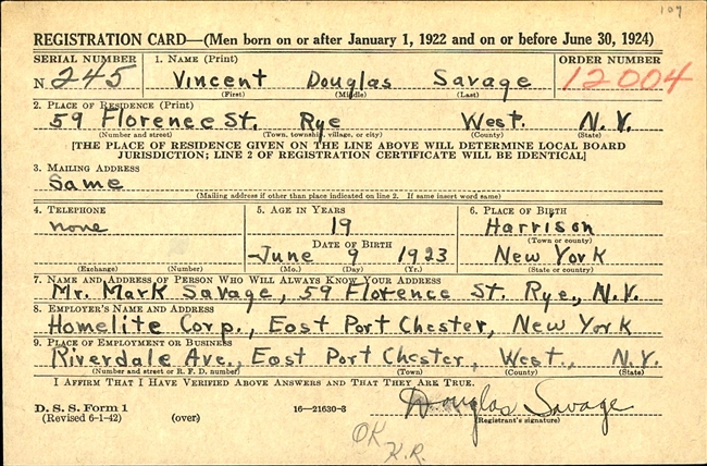 Vincent D. Savage U.S. Army Air Corps WWII