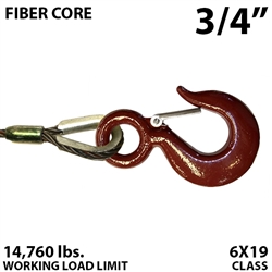 3/4" Fiber Core Fixed Eye Winch Line with Thimbled Eye and Eye Hoist Hook