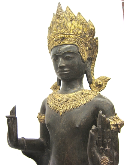 4ft Standing Camobodian Bronze Buddha Statue Pacifying the Ocean Gold Gilded Natural Verdigris