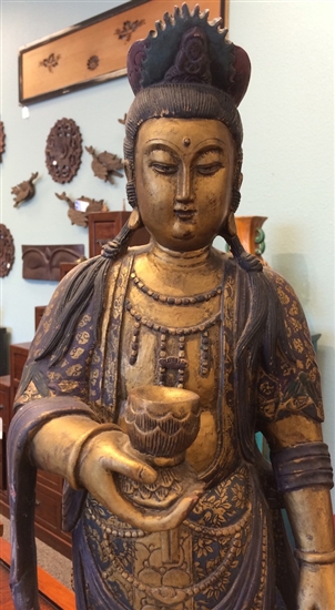 3ft Tall Standing Kuan Yin Goddess of Compassion Statue Antique Carved Wood Polychrome Mid-19th Cen. China