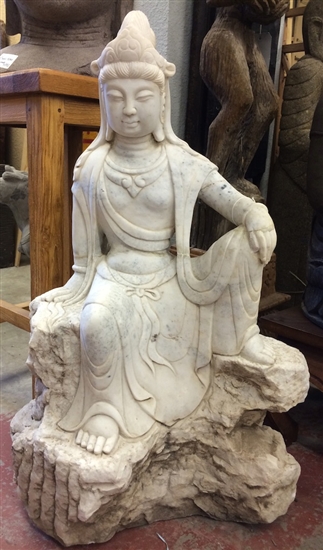 3ft Restored Antique White Marble Kwan Yin Goddess of Compassion NE China Mid-19th Cen