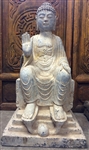 2ft Antique Granite Lord Buddha Statue Messenger of Peace with Abhaya Mudra & Ornate Throne