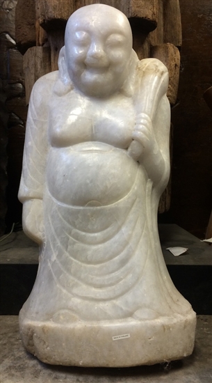 2ft Standing Hotei Ho Tai Laughing Buddha Statue Antique White Marble 19th Cen Mandalay Burma Budai