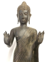 3ft Gilded Bronze Standing Sukhothai Buddha Statue Pacifying the Ocean Posture Style Lost Wax Method Casting