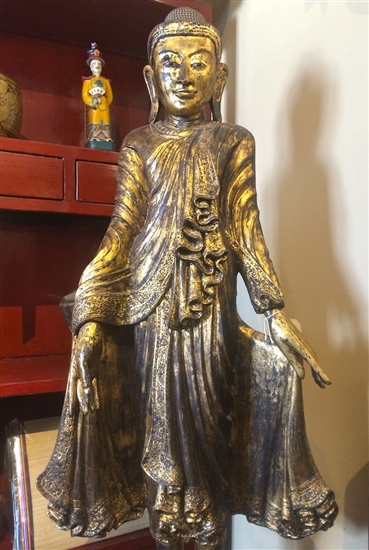 5ft Antique BURMESE MANDALAY STANDING BUDDHA Statue GOLD GILDED Teak Wood