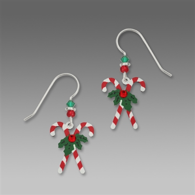 Sienna Sky Earring- Red & White Crossed Striped Candy Canes with Holly & Rhinestone