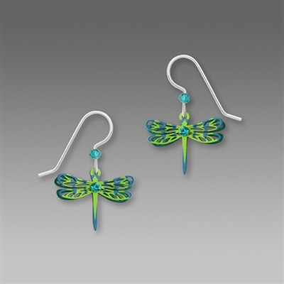 Sienna Sky Earrings-Green Dragonfly with Blue Accents & Crystal