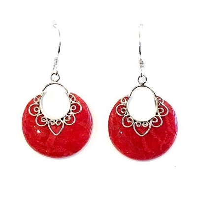 Sterling Silver Dangle Earrings- Red Coral