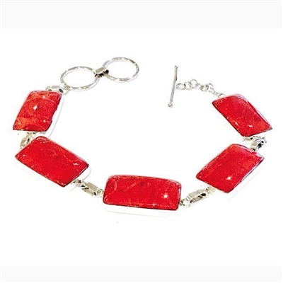 Sterling Silver Link Bracelet- Red Coral