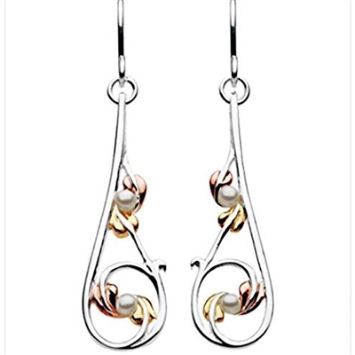Mixed Metal Art Nouveau Drop Earrings with Freshwater Pearl