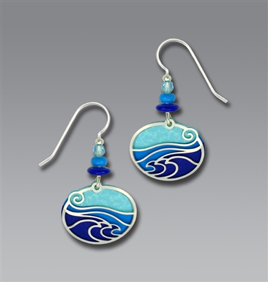 Adajio Earrings - Aqua Blue & Purple Oval with Shiny Silver Tone 'Waves' Overlay