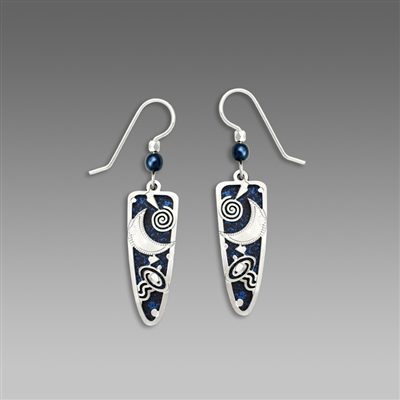 Adajio Earrings - Midnight Blue Trowel Shape with Shiny Silver Tone "Moon" Overlay & Beads
