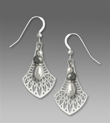 Adajio Earrings - Shiny Silver Tone Persian Necktie Filigree with "Pearl" Bead Drop