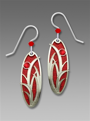 Adajio Earrings - True Red Oval with Shiny Silver Tone Grasses Overlay