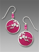 Adajio Earrings - Silver Tone Cherry Blossoms Over Deep Fuchsia Disk