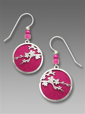 Adajio Earrings - Silver Tone Cherry Blossoms Over Deep Fuchsia Disk