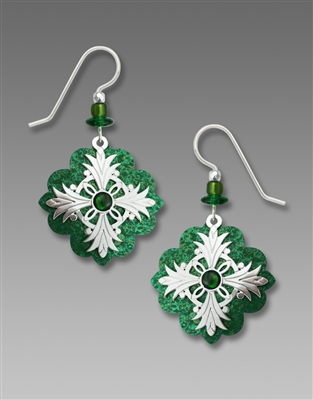 Adajio Earrings - Emerald Green Clover with Shiny Silver Tone Cross