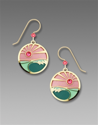 Adajio Earrings - Coral & Turquoise Sunset Disc with Gold Plated Foamy Waves Overlay