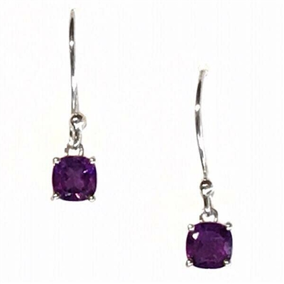 Sterling Silver Dangle Earrings- Cushion cut Amethyst