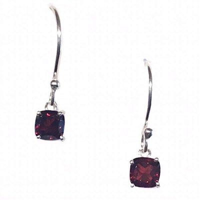 Sterling Silver Dangle Earrings- Cushion cut Garnet