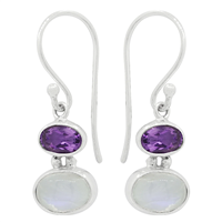 Sterling Silver  Drop Earrings- Amethyst & Rainbow Moonstone