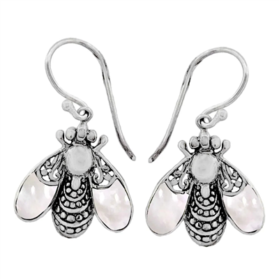 Sterling Silver Bumble Bee Dangle Earrings- Mother of Pearl