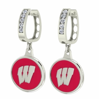 University of Wisconsin- Double Sided  Enamel & CZ "Motion W" Post Hoop Earrings