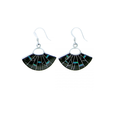 Sterling Silver & Onyx Inlay Drop Earrings- Petite Fan