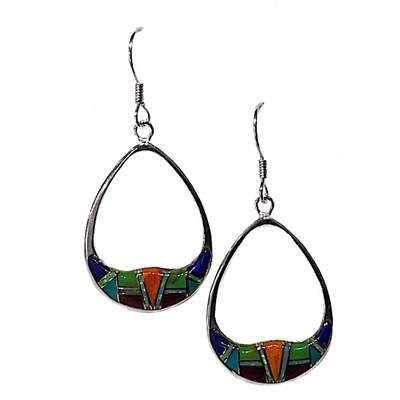 Sterling Silver & Multi Stone Inlay Drop Earrings- Wide Teardrop