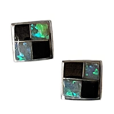 Sterling Silver Post Inlay Earrings- Black Onyx & Opal
