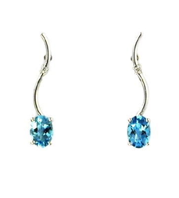 14k White Gold Post Dangle Earrings- Blue Topaz & Diamond