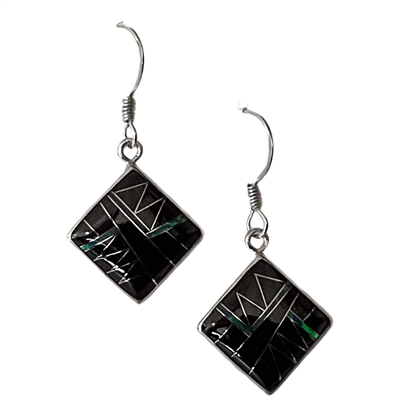 Sterling Silver & Onyx Inlay Drop Earrings- Diamond Shape