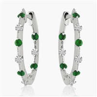 14K White Gold Emerald & Diamond Inside/Outside Hinged Hoop Earrings