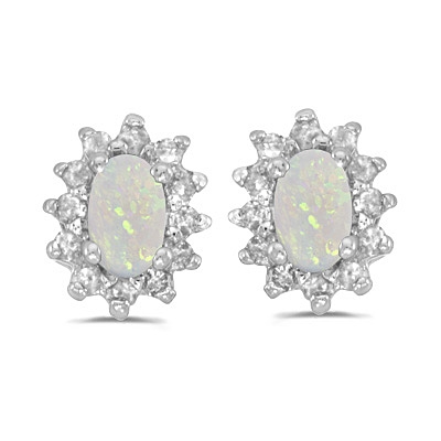 14K White Gold Opal & Diamond Post Earrings