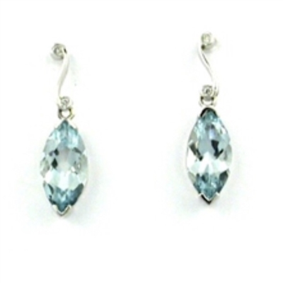 14k White Gold Post Dangle Earrings-  Aquamarine & Diamond