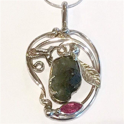 Sterling Silver Pendant- Moldavite & Pink Tourmaline