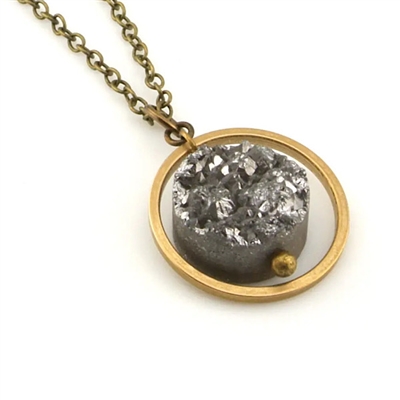 Gold Filled Circle Necklace- Silver Druzy