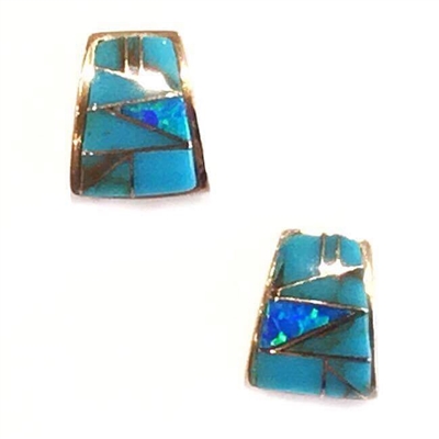 Bronze Post Earrings- Turquoise & Opal Inlay