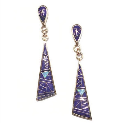 Bronze Post Dangle Earrings- Lapis & Opal Inlay