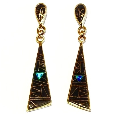 Bronze Post Dangle Earrings- Black Onyx & Opal Inlay