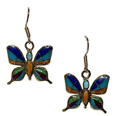 Bronze Dangle Butterfly Earrings- Multi Colors & Opal Inlay