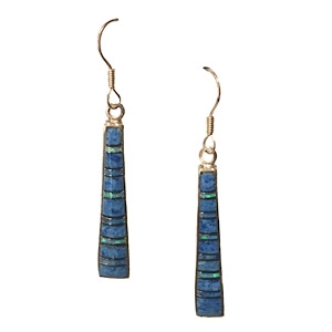 Bronze Dangle Earrings-Denim Lapis & Opal Inlay