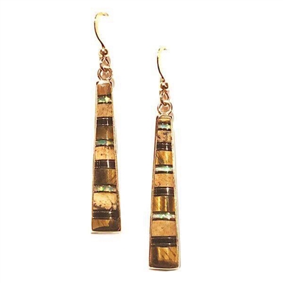 Bronze Dangle Earrings- Tiger Eye & Opal Inlay