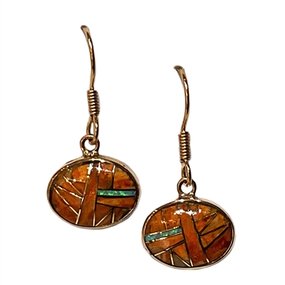 Bronze Dangle Earrings- Spiny Oyster & Opal Inlay