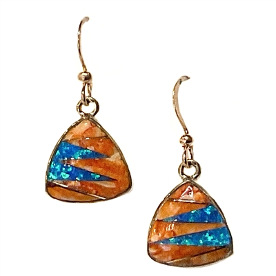 Bronze Dangle Earrings- Spiny Oyster & Opal Inlay