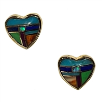 Bronze Post Heart Earrings- Multi Stones & Opal Inlay