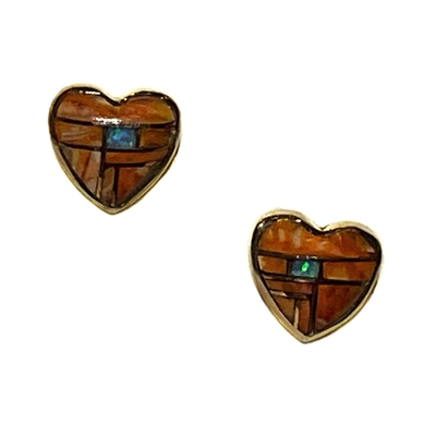 Bronze Post Heart Earrings- Spiny Oyster & Opal Inlay